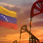 Venezuela oil industry concept. Industrial illustration — Venezuela flag and oil wells with the red and blue sunset or sunrise sky background — 3D illustration